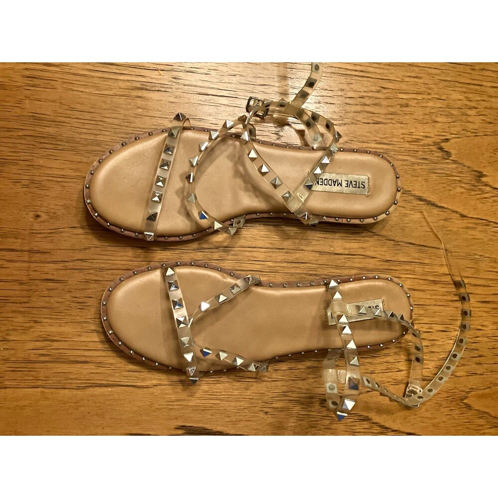Steve Madden Women’s Beige Clear Silver Strappy Studded Sandals US 10.5